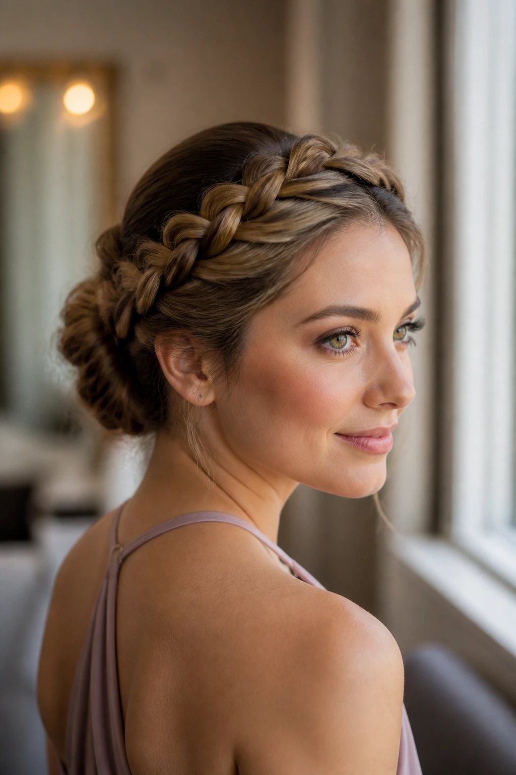 Close-up of a real woman with halo braid framing the crown and bun at the back