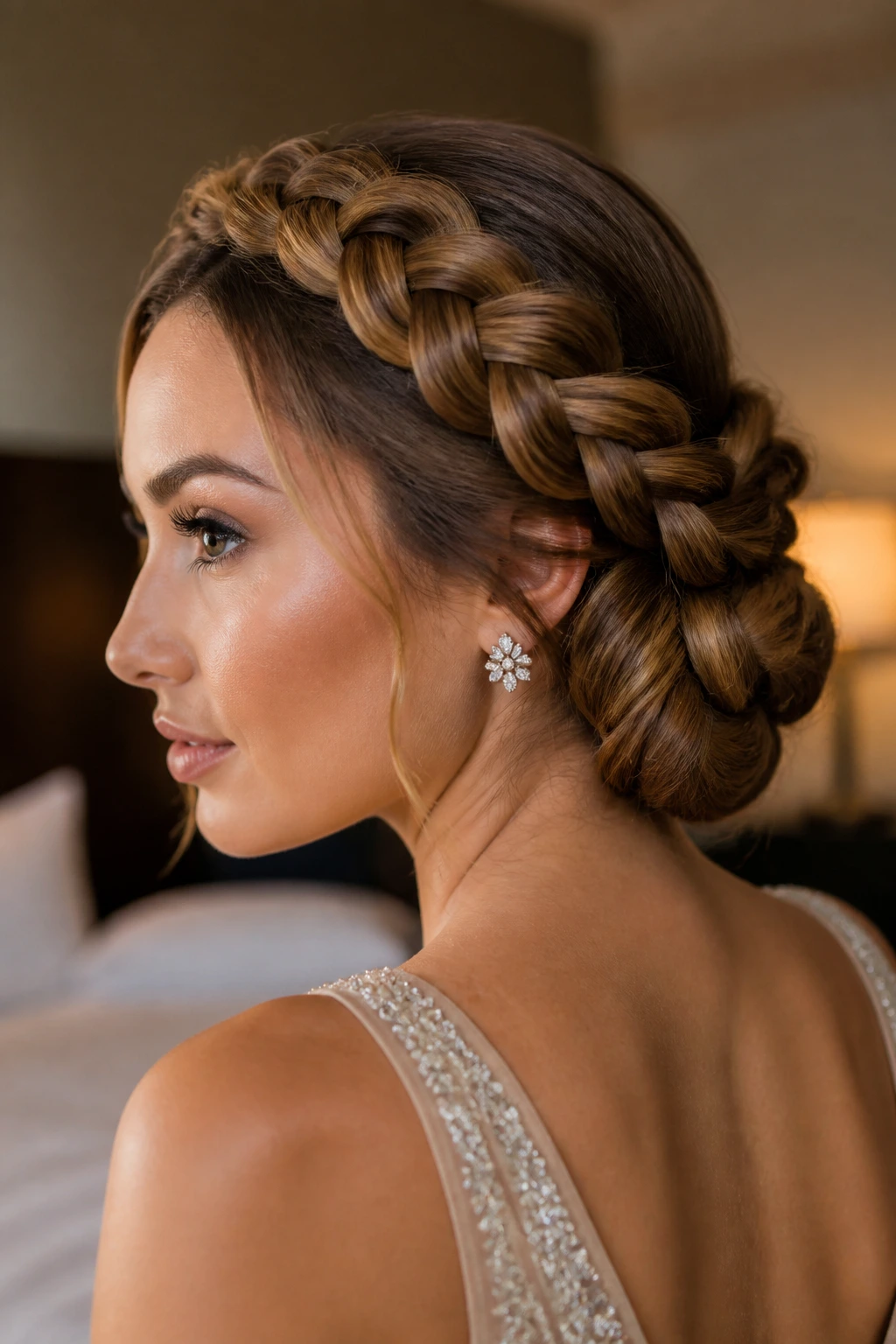 Close-up of real woman's braided halo bun hairstyle