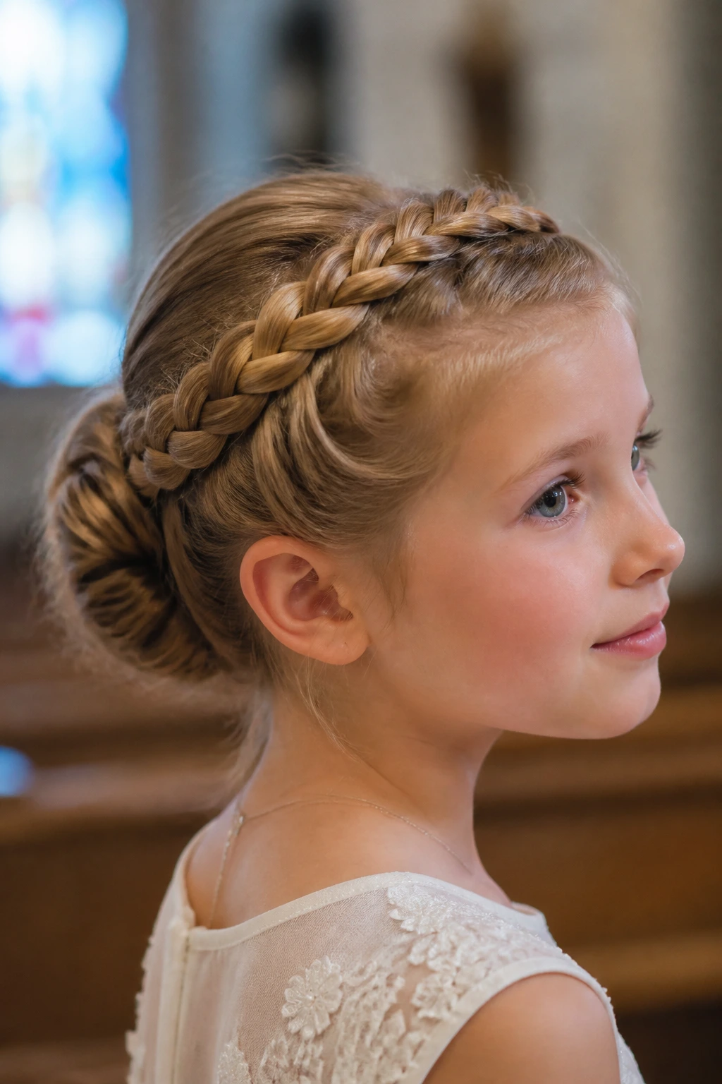 Portrait of a child with halo braid bun around crown