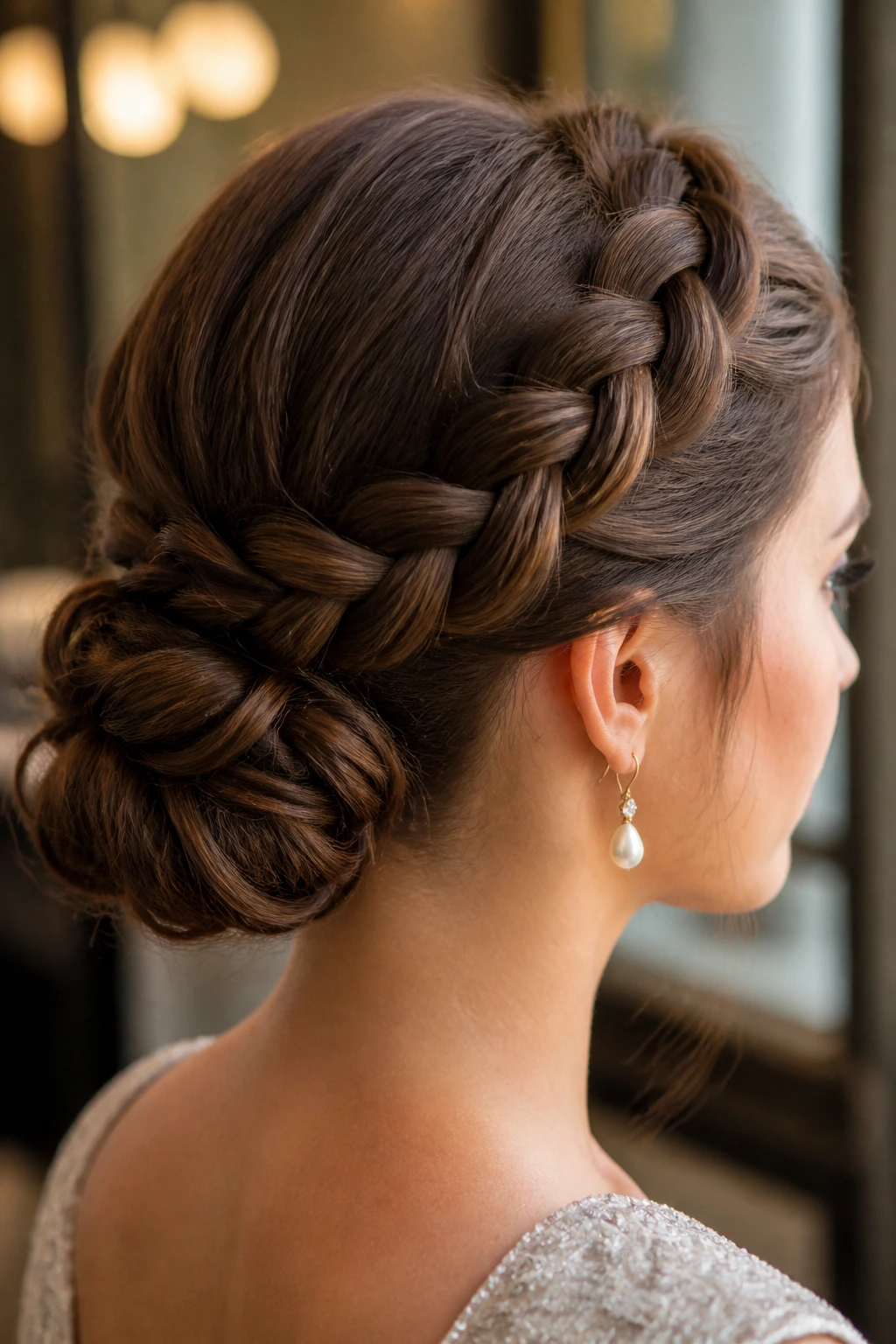 Real woman wearing halo braid around crown into low bun at nape
