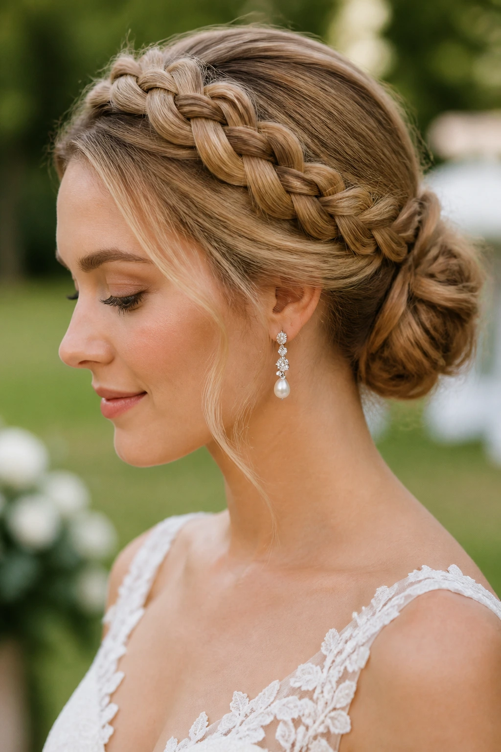 Real bride close-up with halo braid circling head and bun at nape