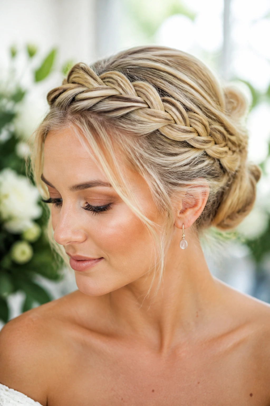 Close-up of a bride with braided halo bun