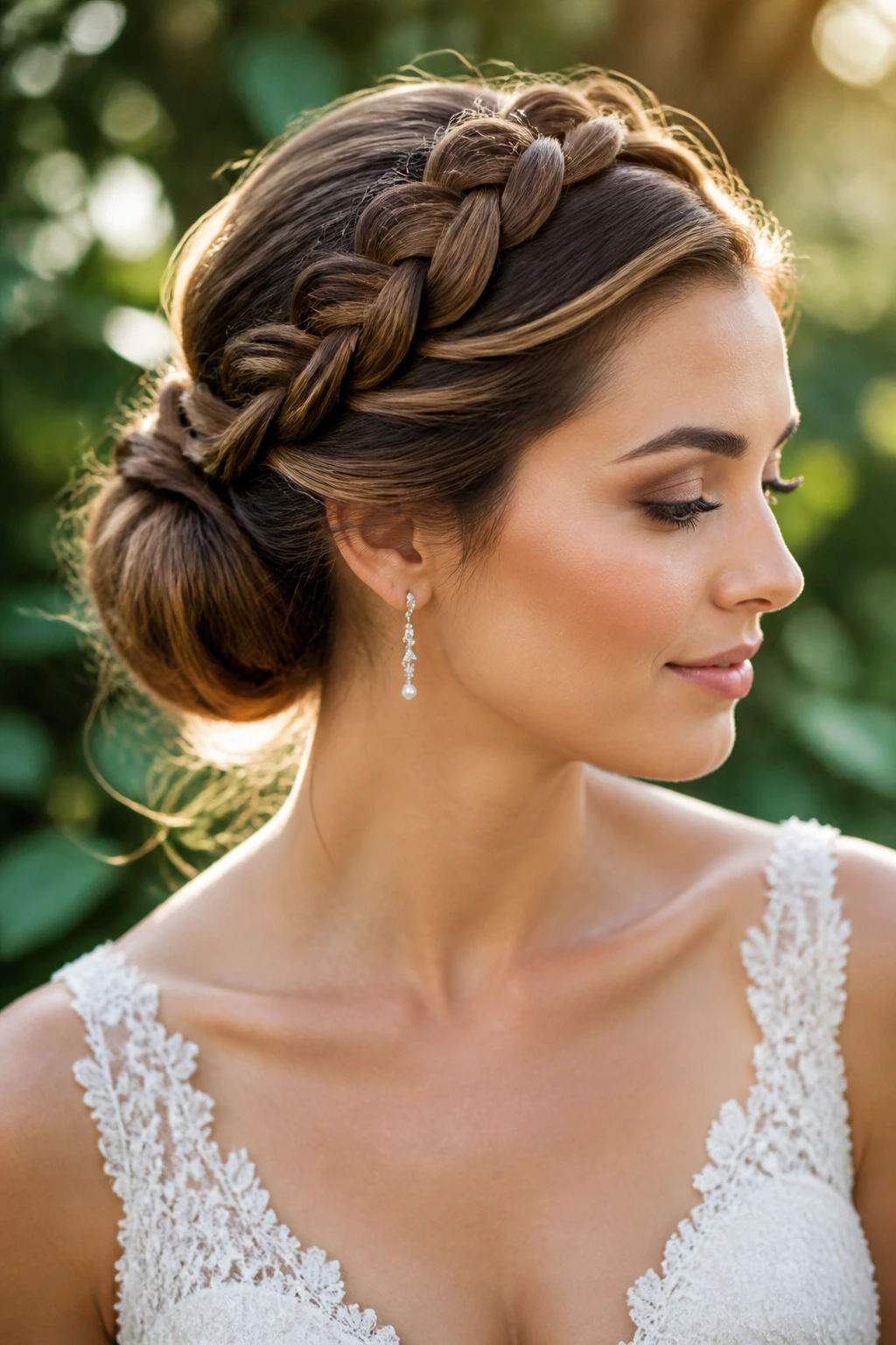 Bride with halo braid forming a crown and bun at the back
