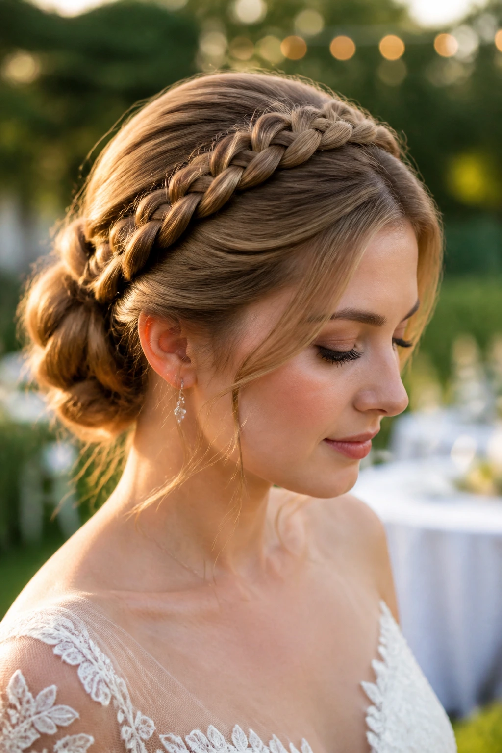 Close-up of a real woman with halo braid crown and low bun, outdoor wedding light