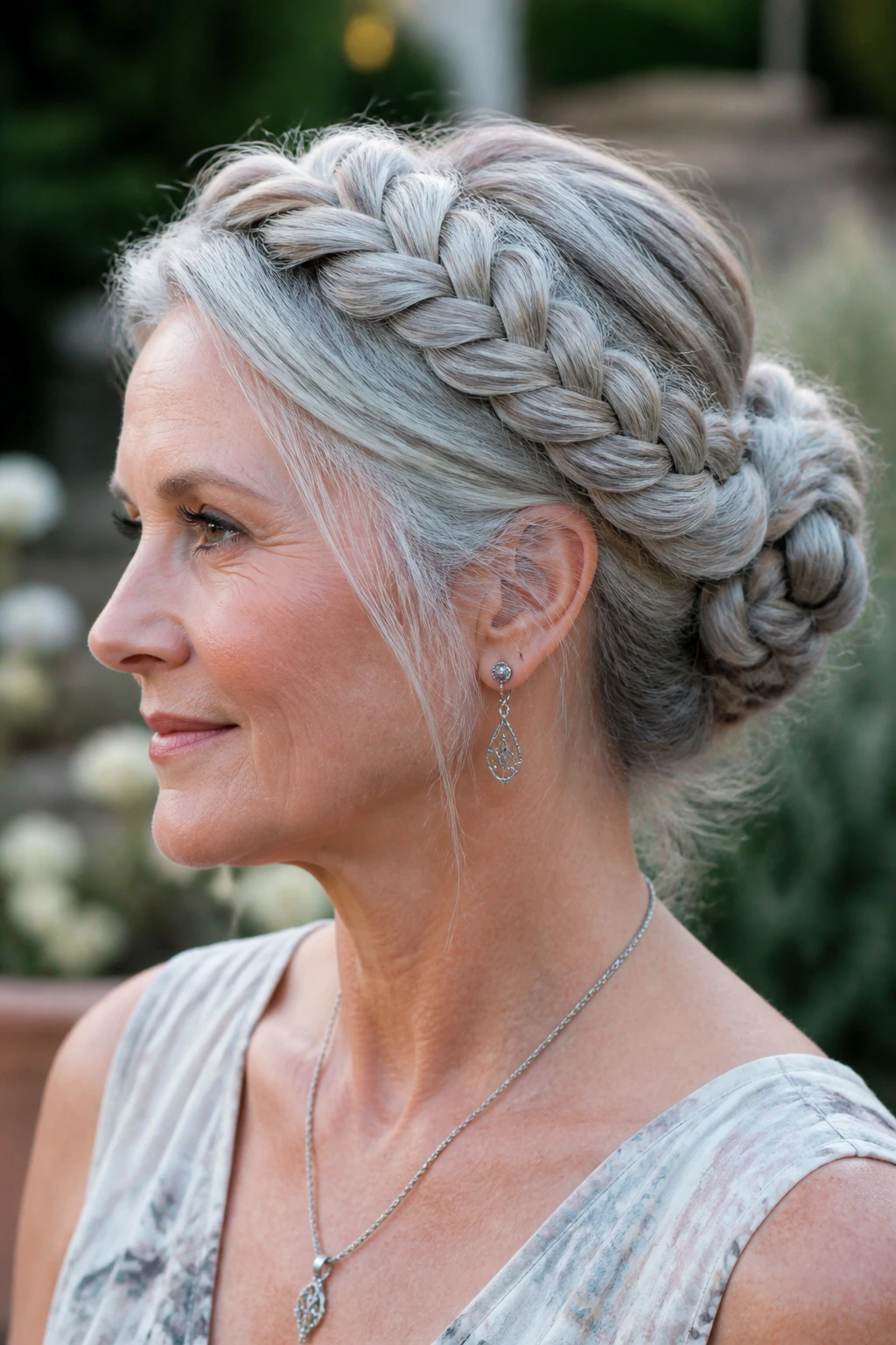 Real woman with halo braid bun viewed in soft outdoor light.