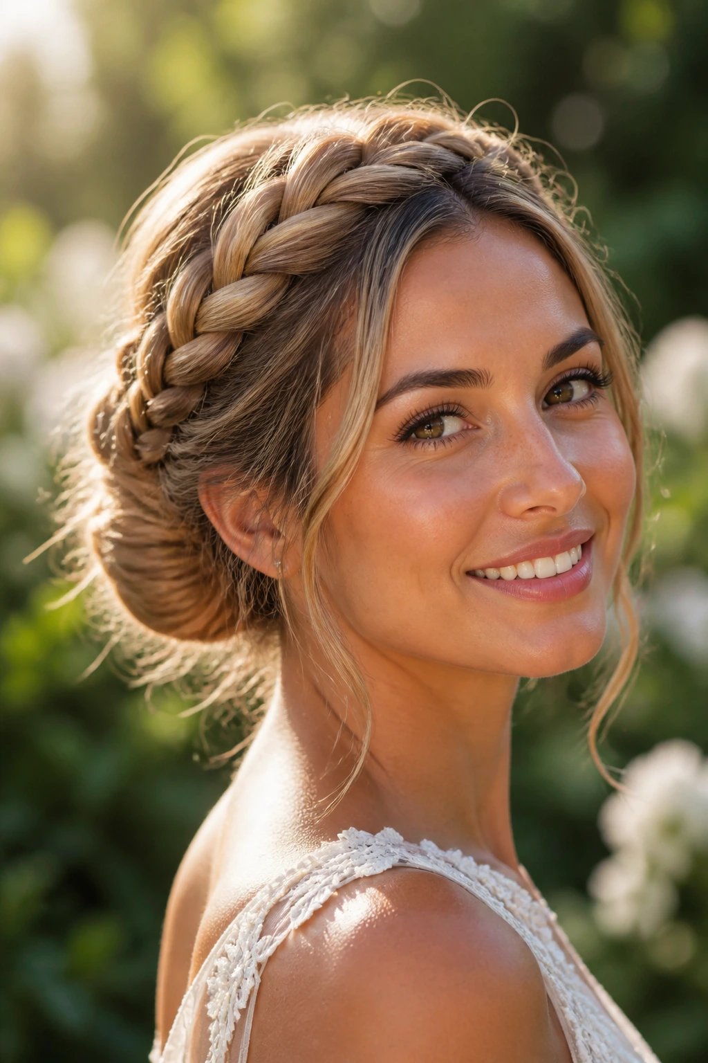 Halo braid encircling the crown framing the face on a real woman outdoors