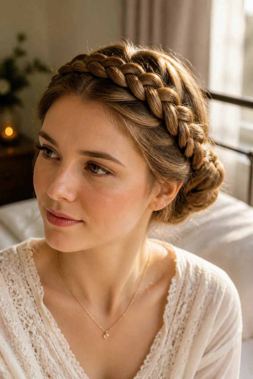 Close-up portrait of a real woman with a halo braid bun in a sunlit bedroom.