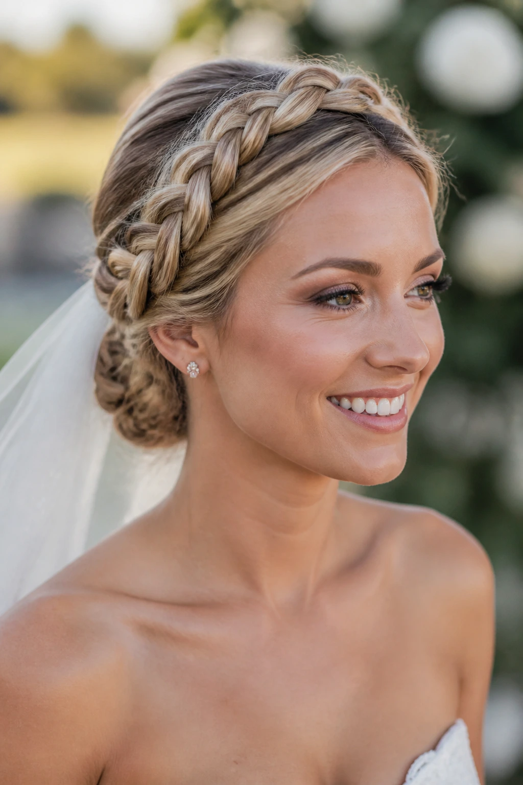 Bride with braided halo and low center bun in garden light