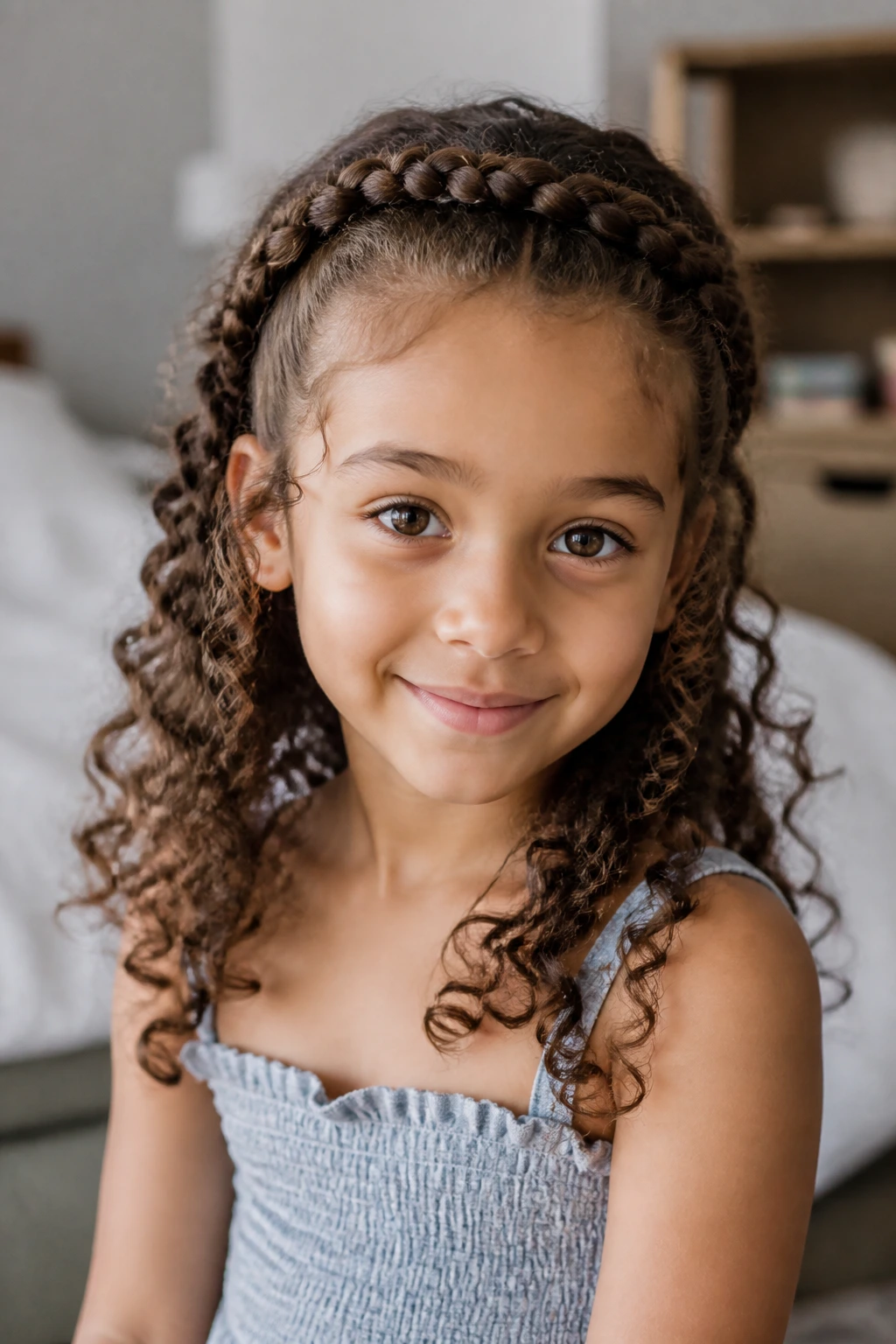 Child wearing a halo braid with loose curls behind.