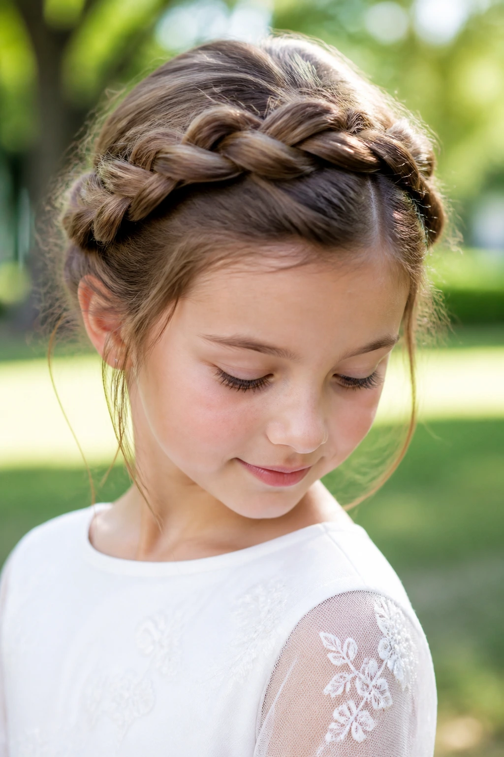 Girl wearing a twisted halo braid in an outdoor setting portrait