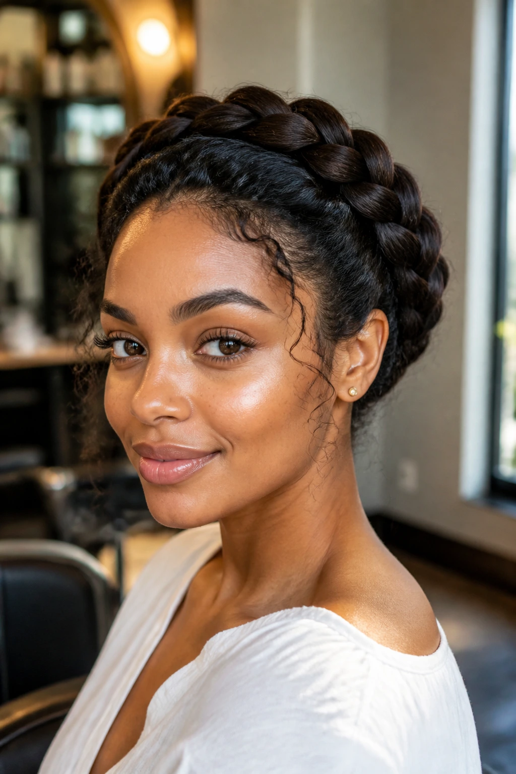 Close-up of a real woman wearing a halo braid in a warm, natural-lit salon setting