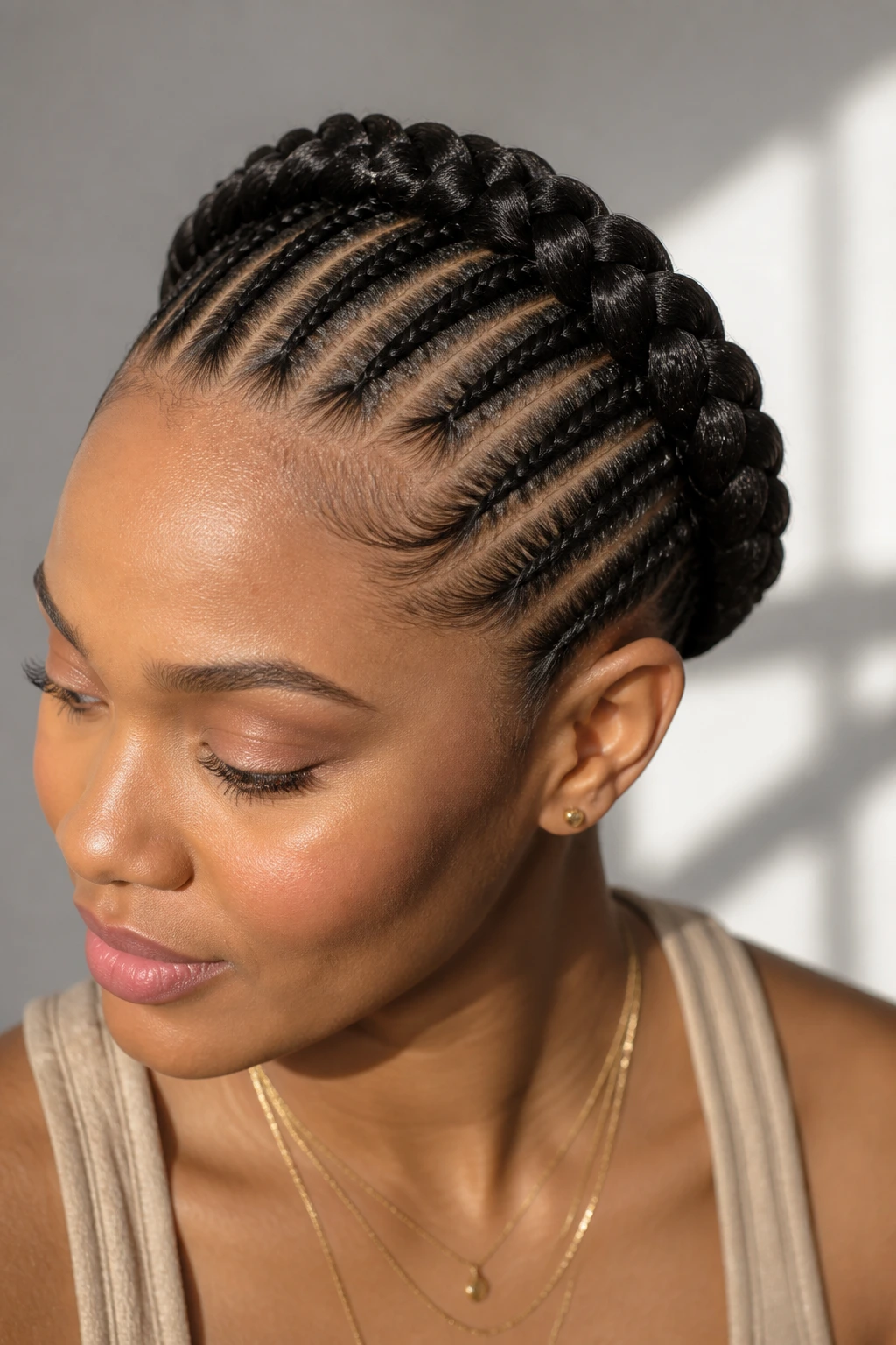 Close-up of real woman with cornrow-base halo braid around crown