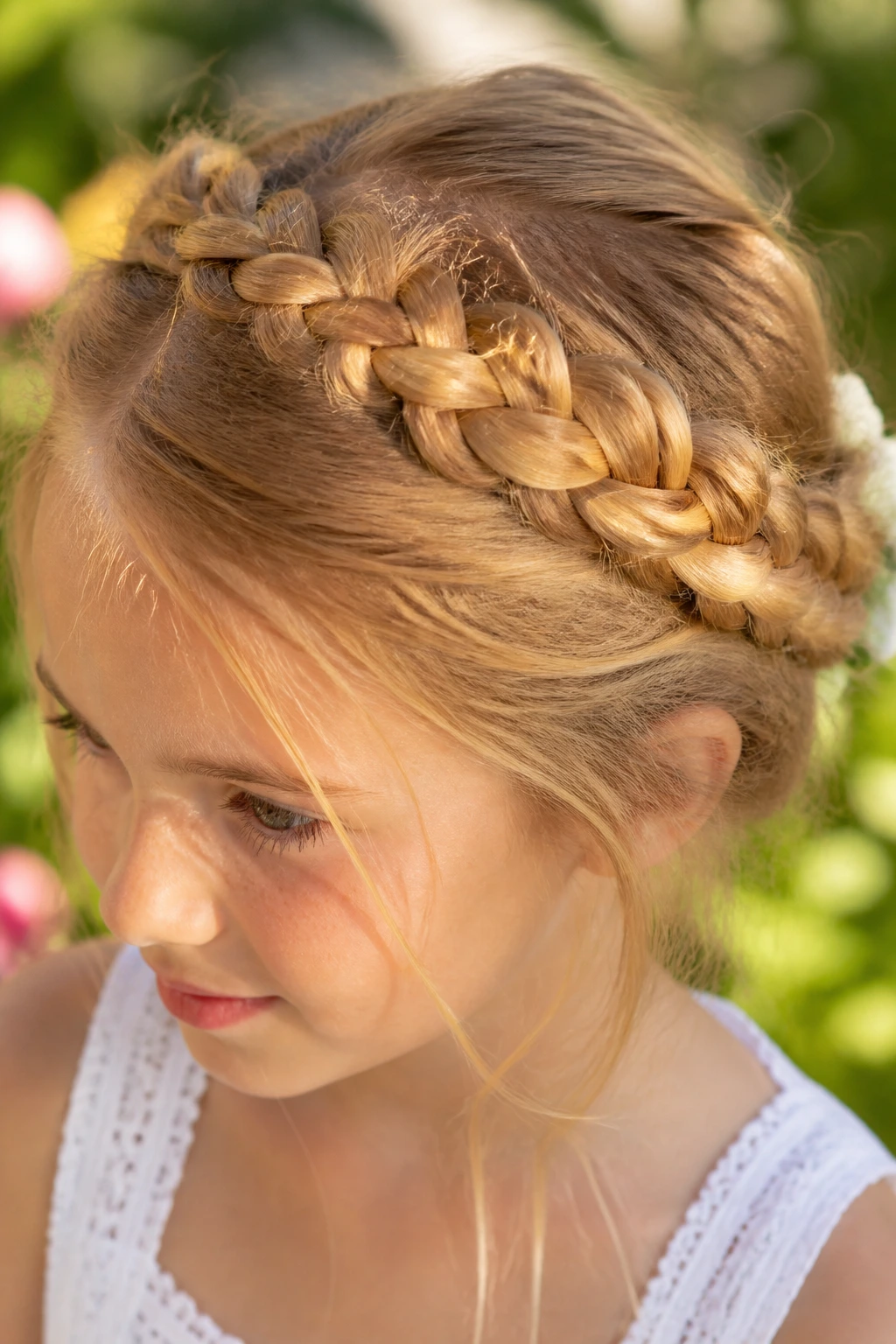 Close-up of a child wearing a halo braid crown around the head