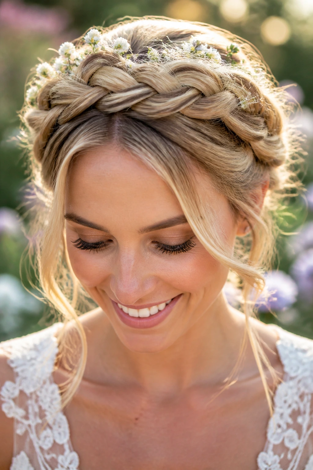 Bride wearing halo braid crown in soft outdoor light, close-up headshot