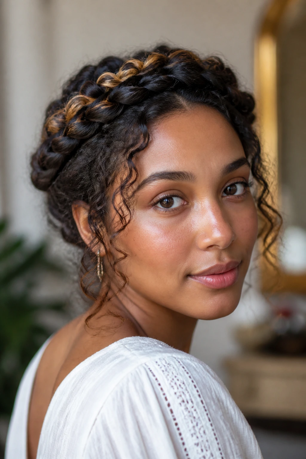 Close-up portrait of a person with halo braid crown highlighting hair texture variation.