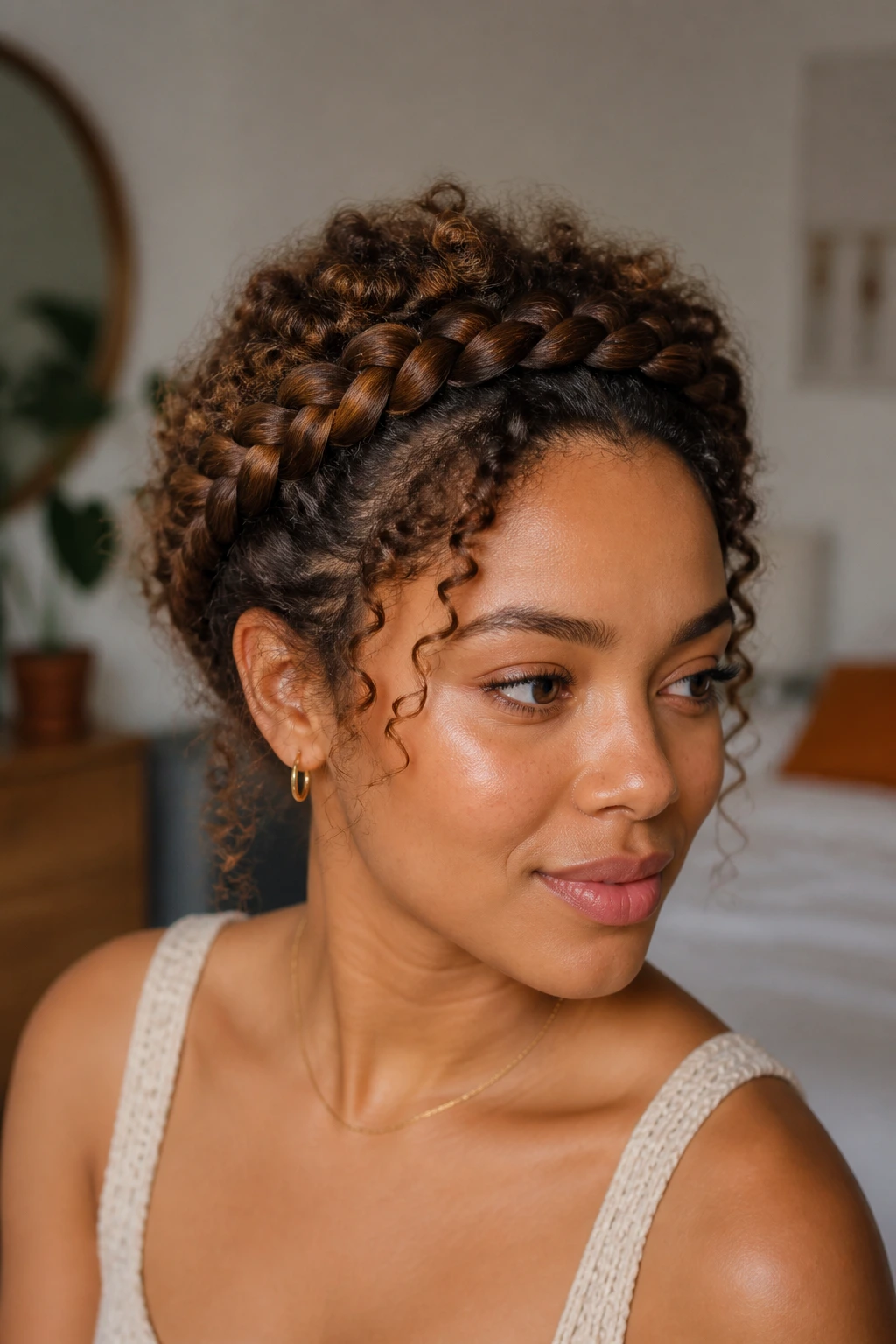 Close-up of a real woman with a loose halo braid hugging the crown, natural window light