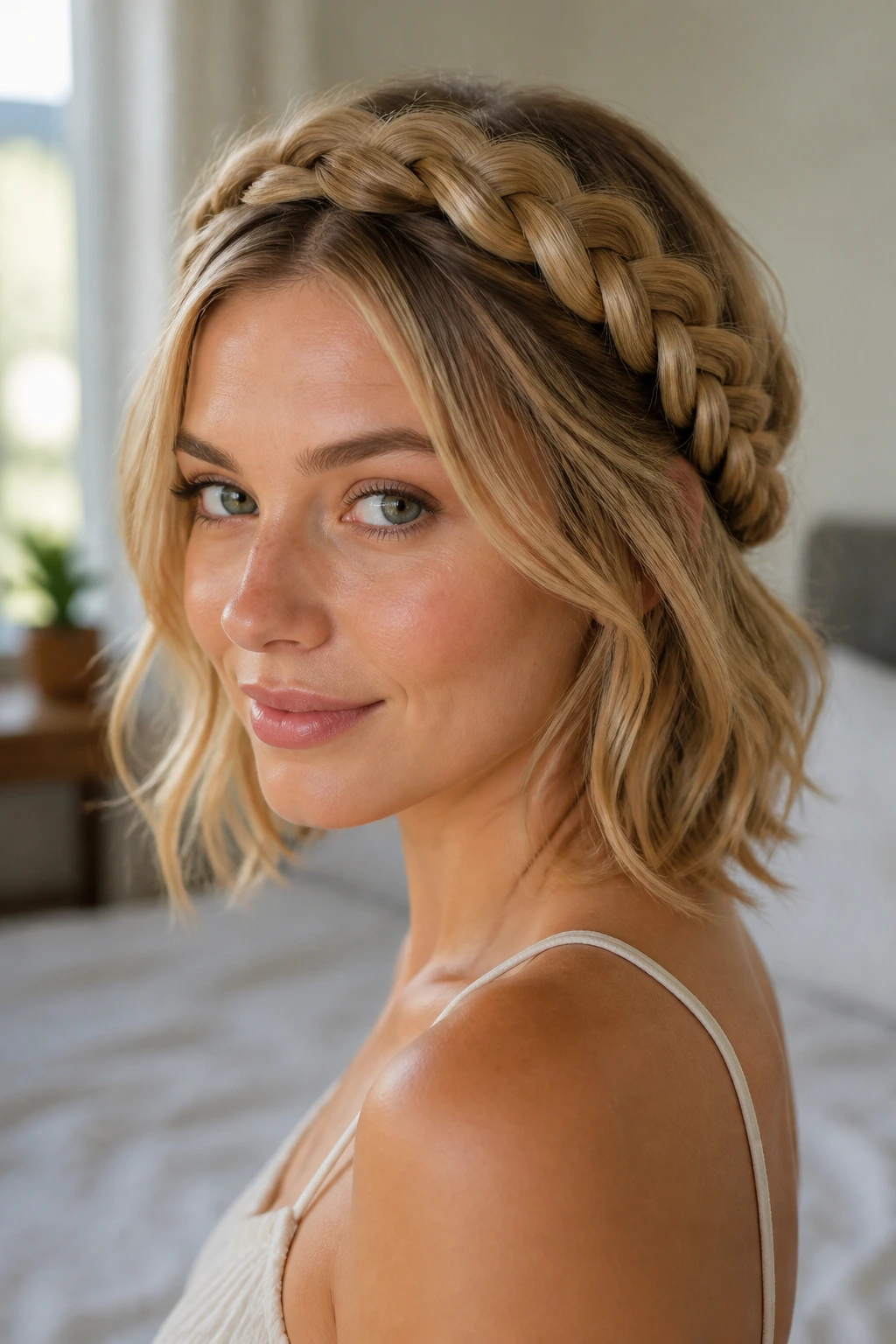 Close-up of a woman wearing a braided crown halo along the hairline
