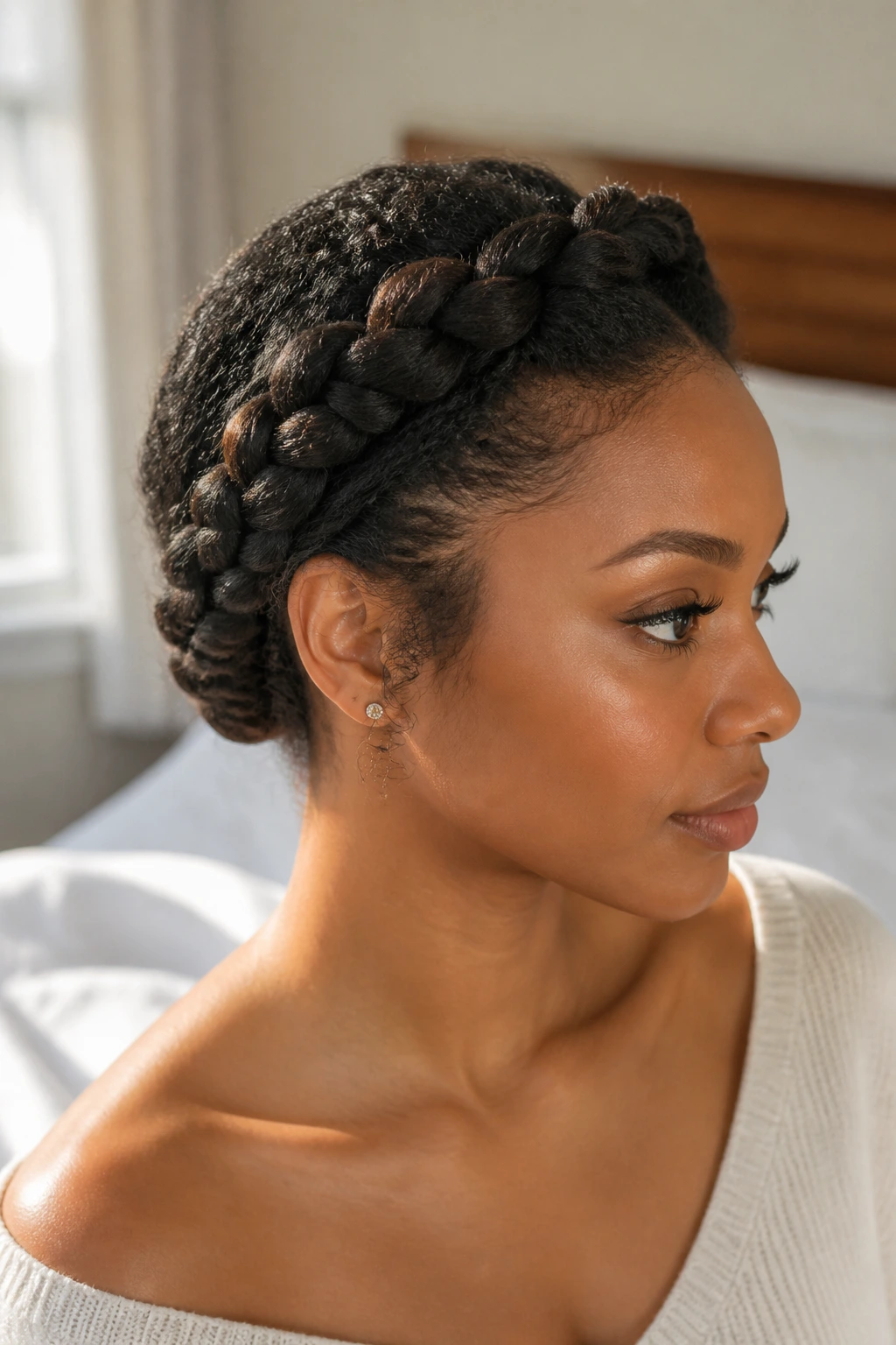 Close-up of a real woman with a halo braid crown encircling the head