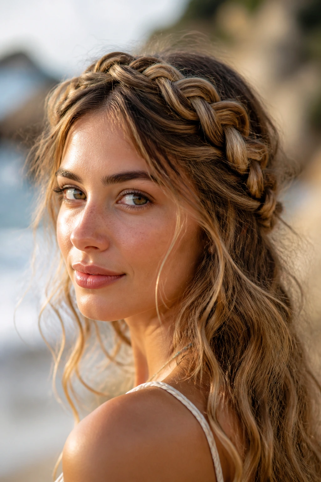 Close-up of a real woman's halo braid crown with loose lower lengths in natural light