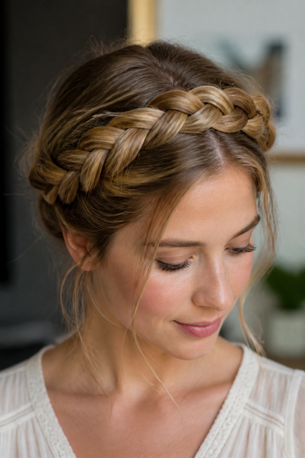 Close-up of halo braid around crown on a real person