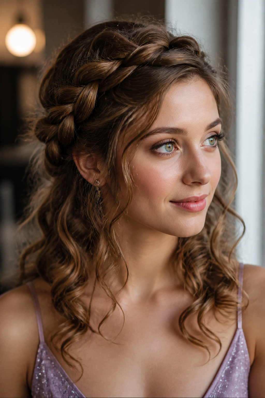 Close-up of real woman with twisted halo braid and loose curls.