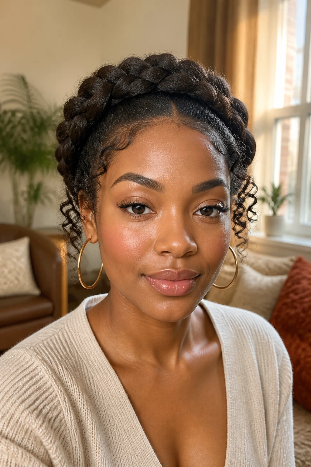 Close-up of a real woman with halo braid around the crown and curly ends.