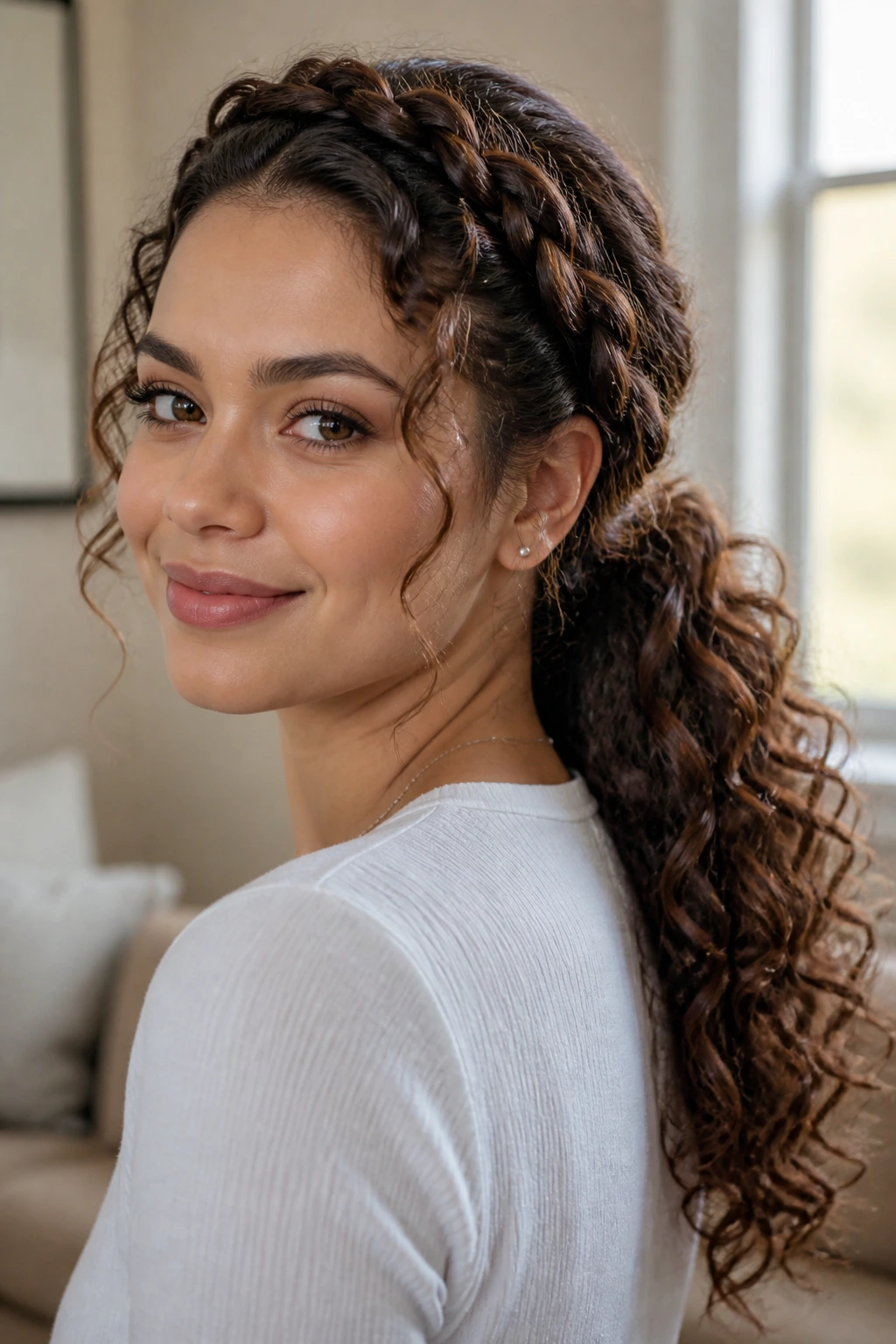 Close-up of a real woman with halo braid and curly tail