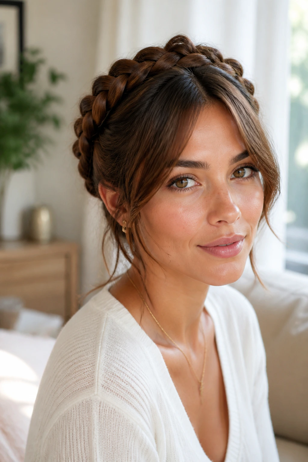 Close-up of a real woman with curtain bangs and halo braid framing the face.