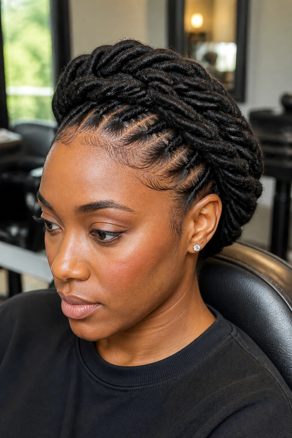 Close-up of real woman with halo braid on faux locs around crown