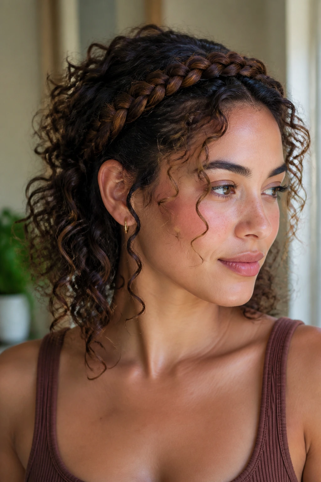 Portrait of a real person with halo braid and loose curls around the head