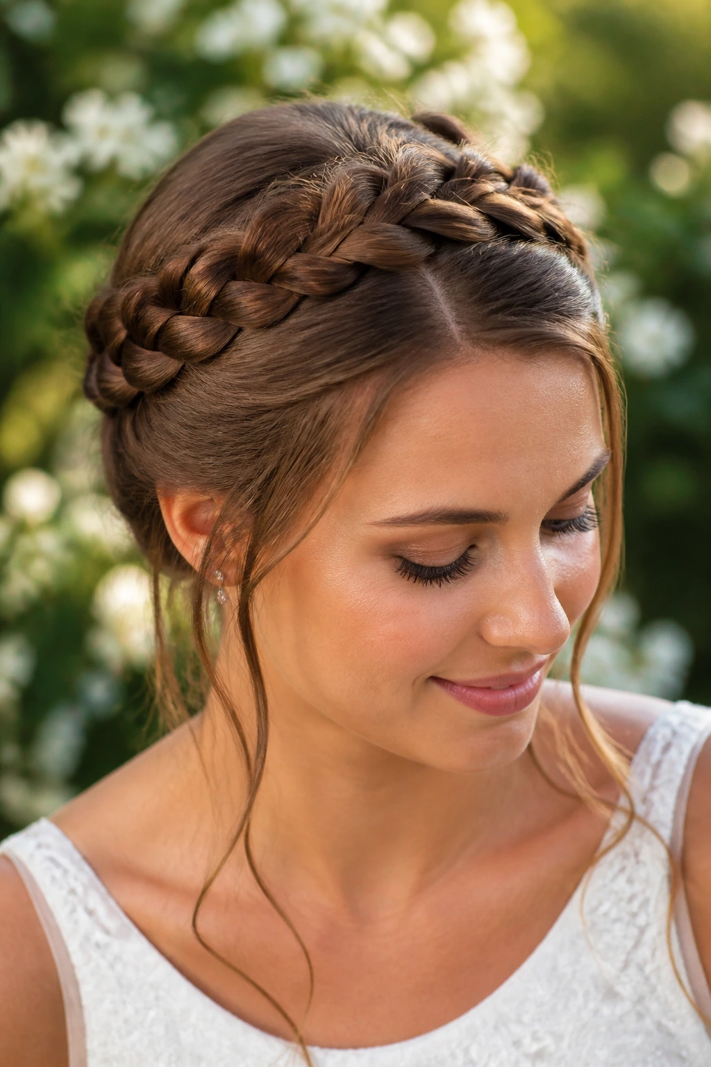 Close-up of a real woman with a halo braid around the crown