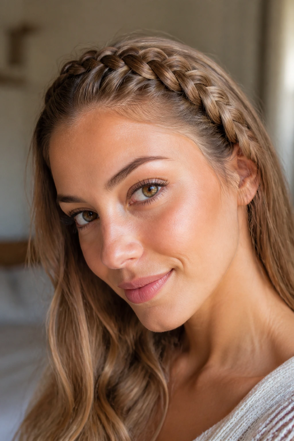 Close-up of real woman with halo braid along the hairline
