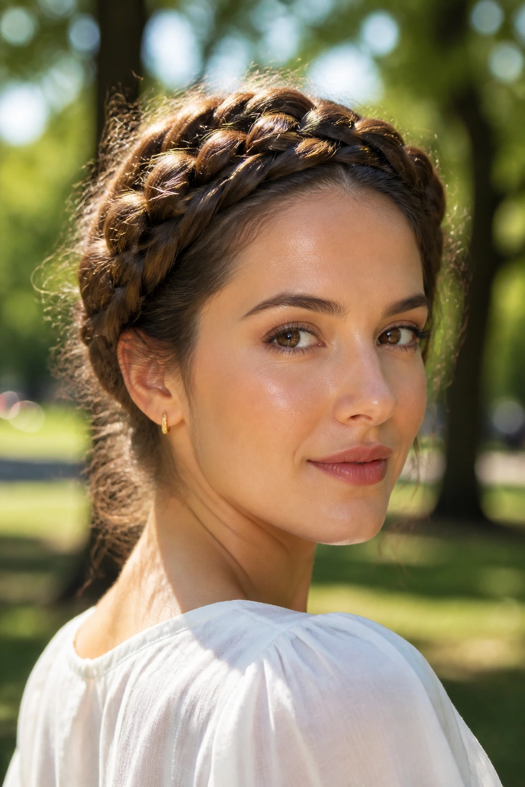 Portrait of a real woman wearing a halo braid around the hairline