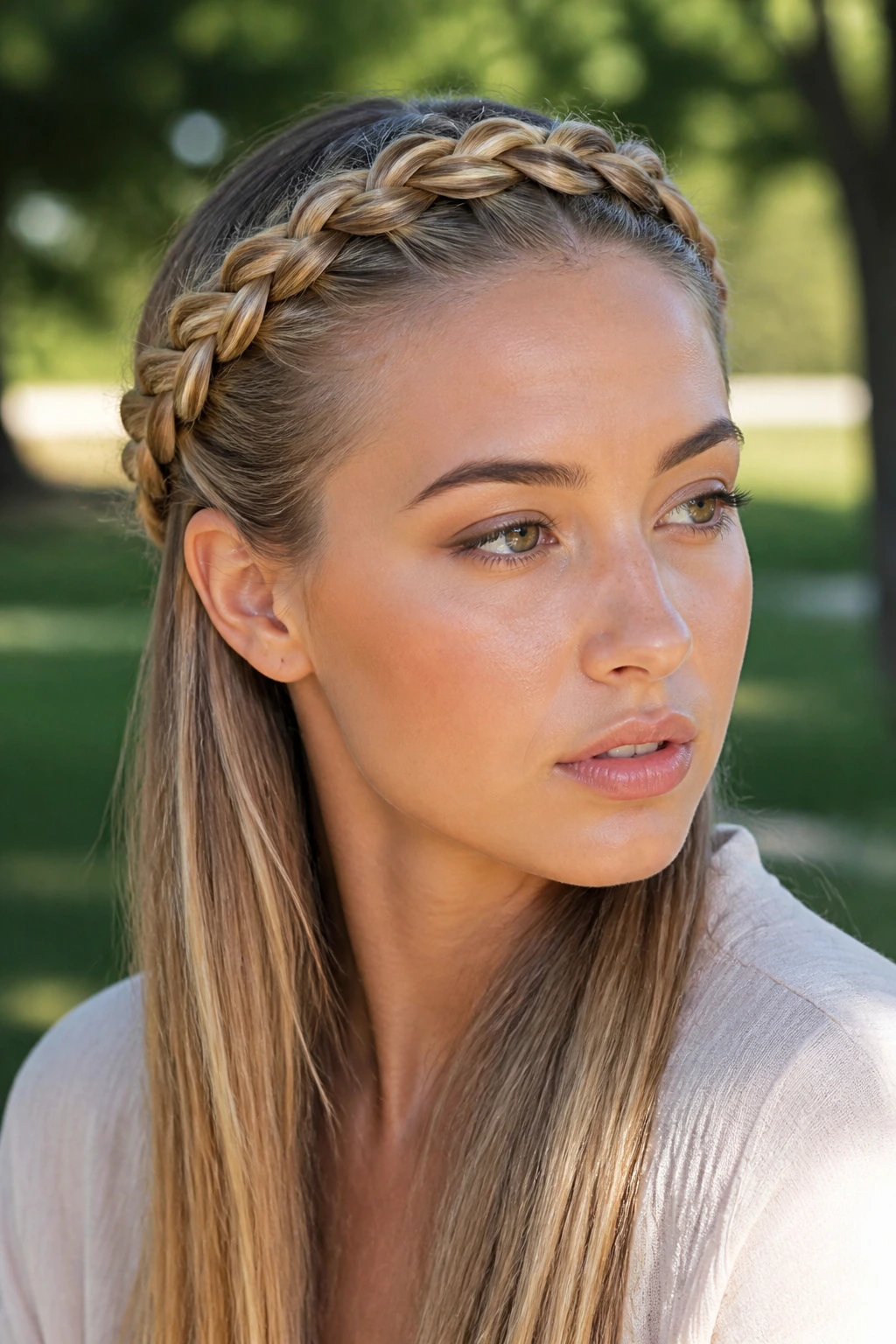 Close-up of a woman with a halo braid and smooth hairline in a park setting.