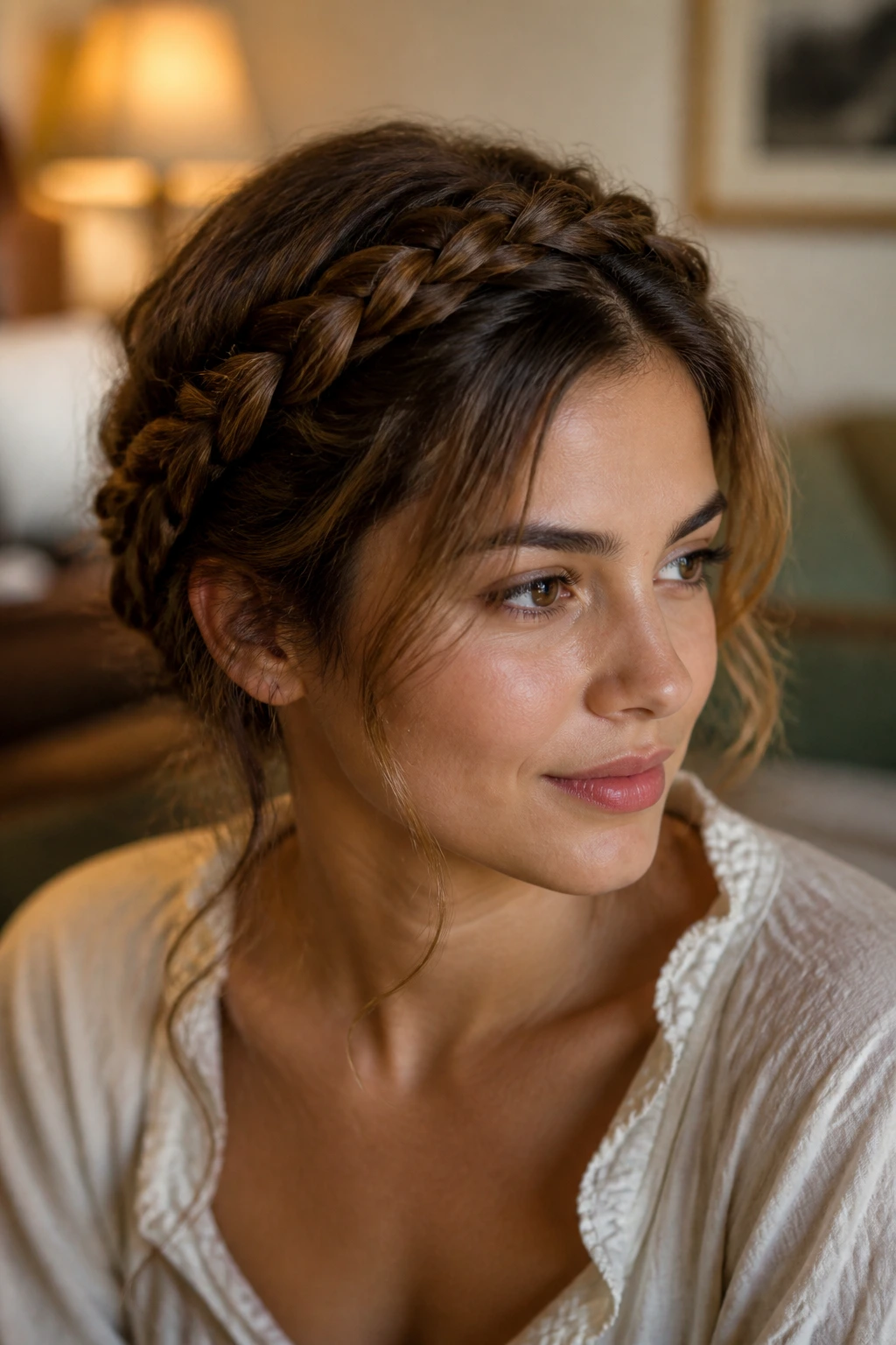 Close-up of a real person wearing a halo braid with loose strands at hairline