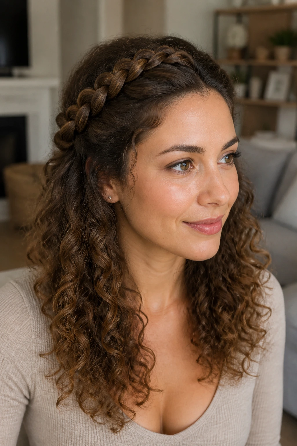 Close-up of a real woman wearing a halo braid around the crown with loose curls underneath