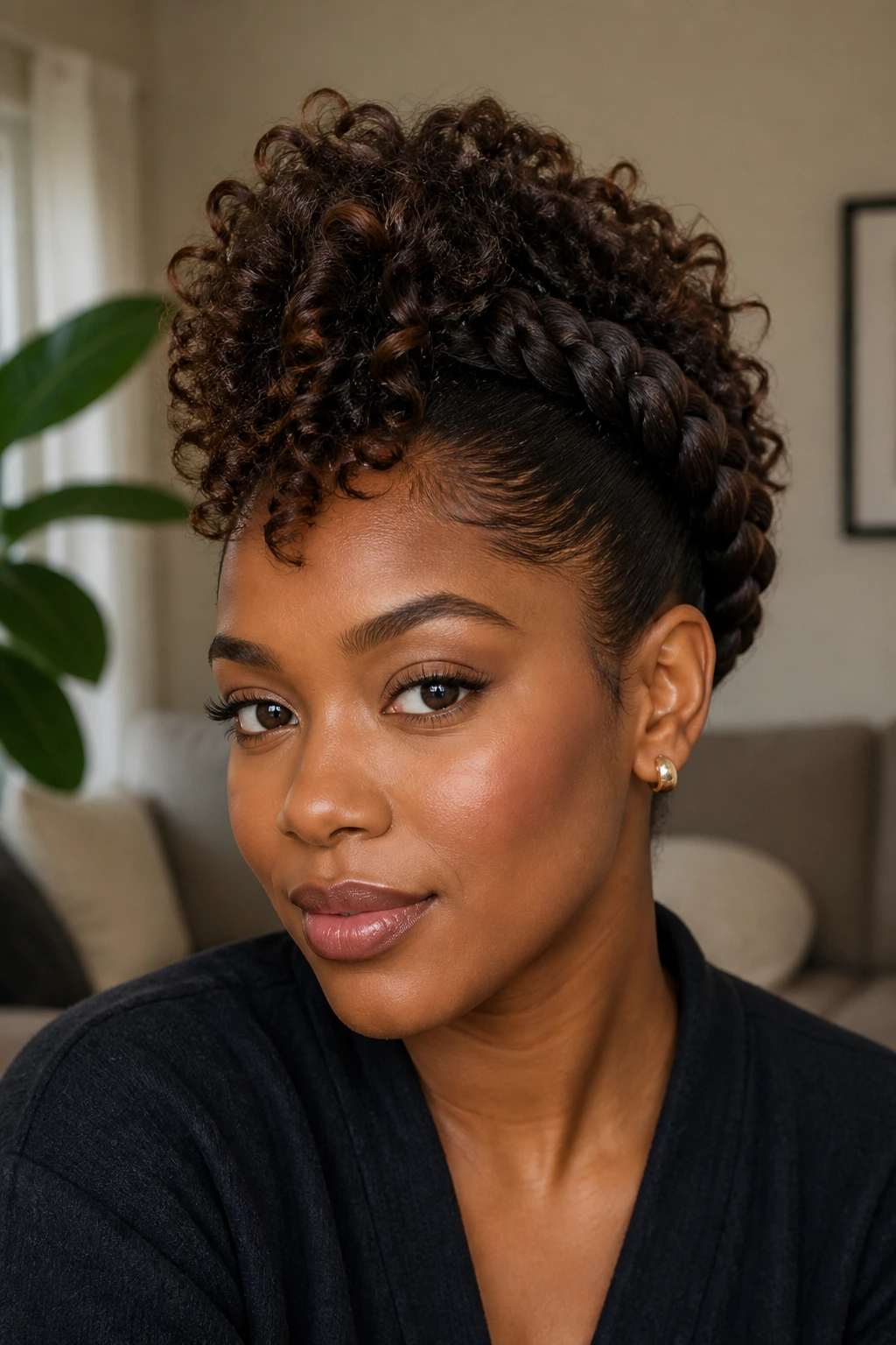 Close-up portrait of a Black woman with halo braid and curly top hawk in warm window light
