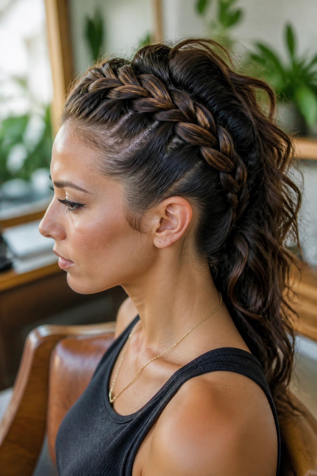 Close-up of Halo Braid Hawk on a real woman with a halo braid around the hairline and lifted crown.