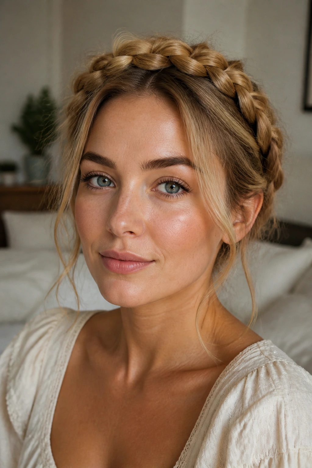Close-up of a real woman with a halo braid around her head.