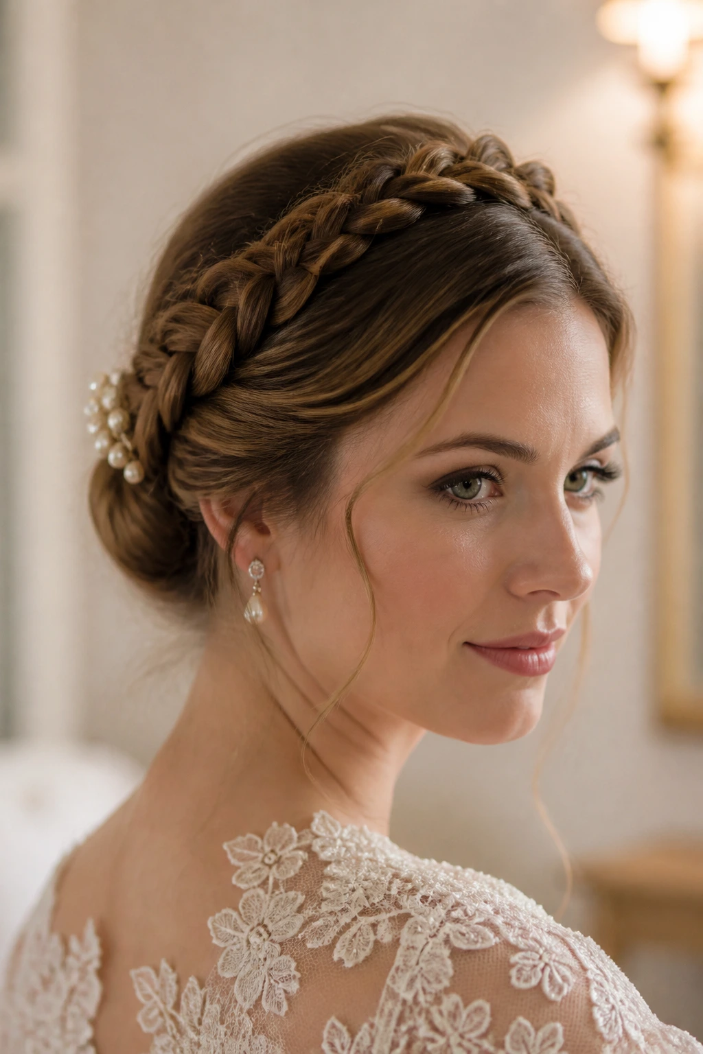Real bride with halo braid and hidden bun close-up