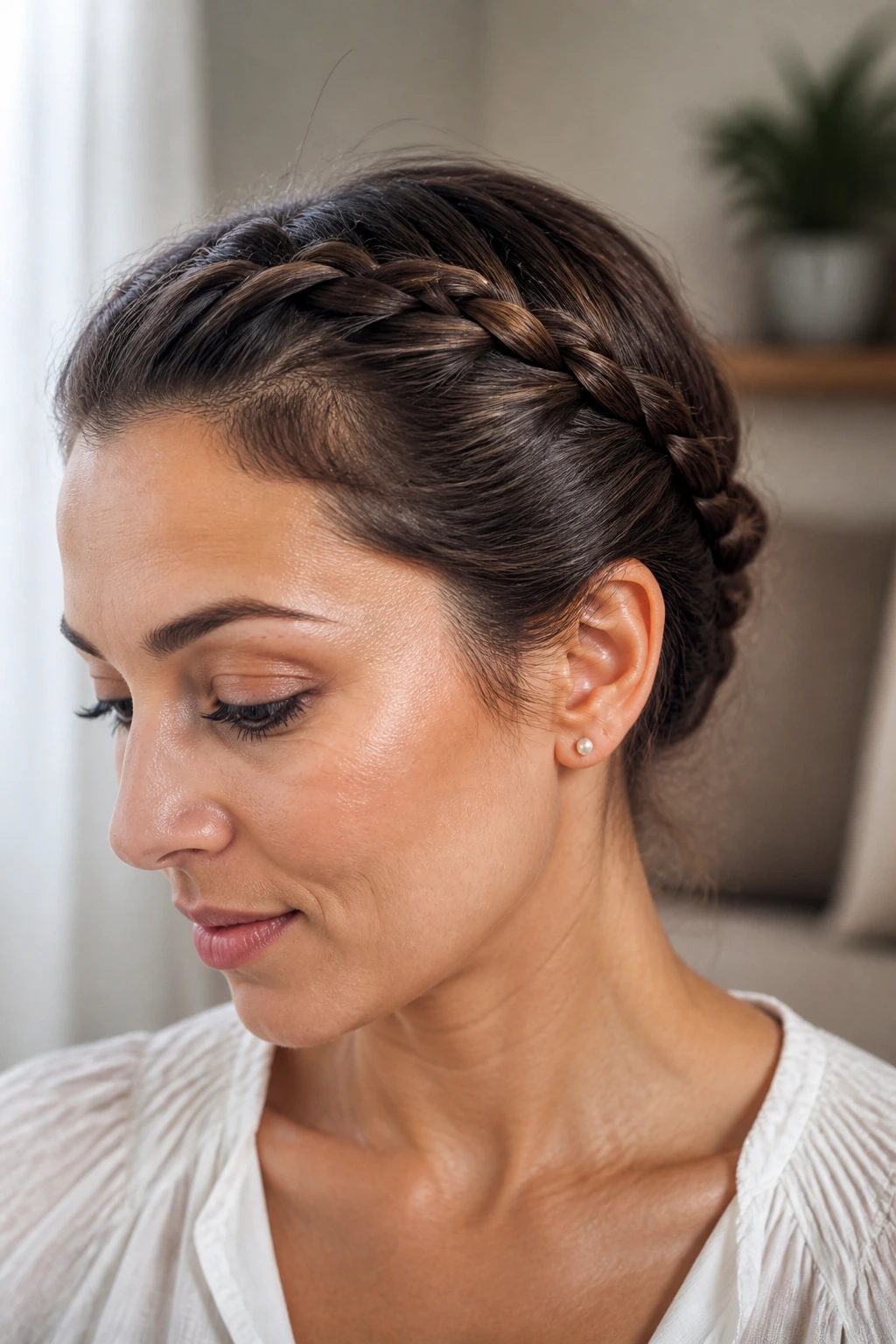Close-up of a real woman with halo braid around the head and hidden ends tucked near the ear