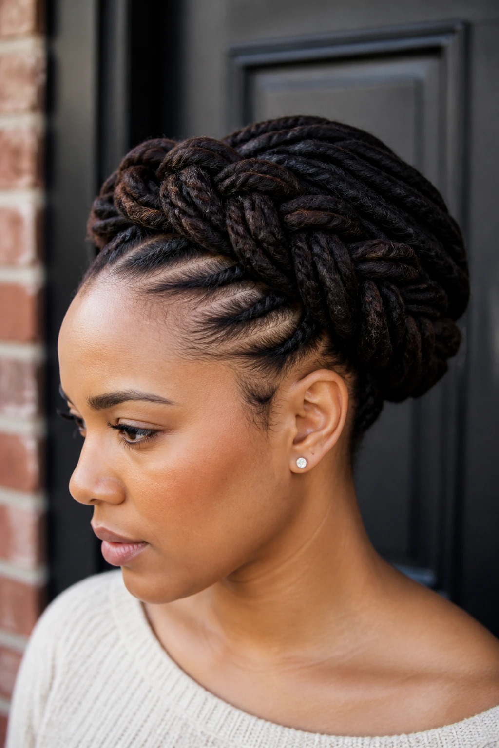 Close-up portrait of a woman with a halo braid on thick locs