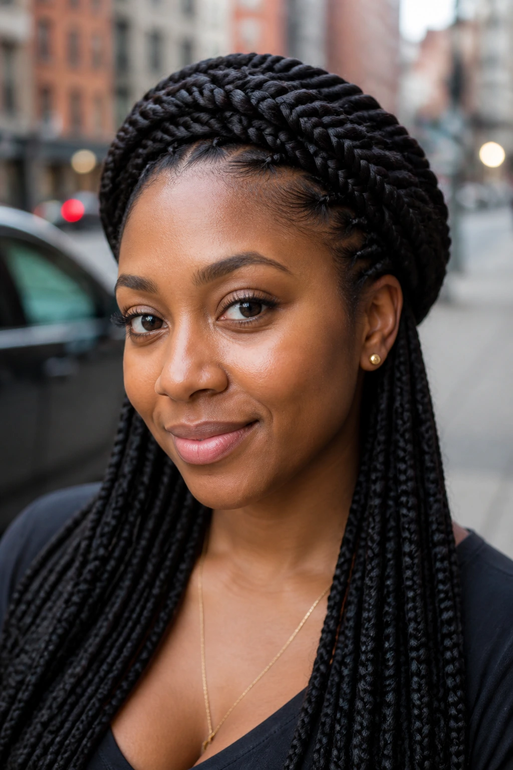 Close-up portrait of a woman with long box braids forming a halo
