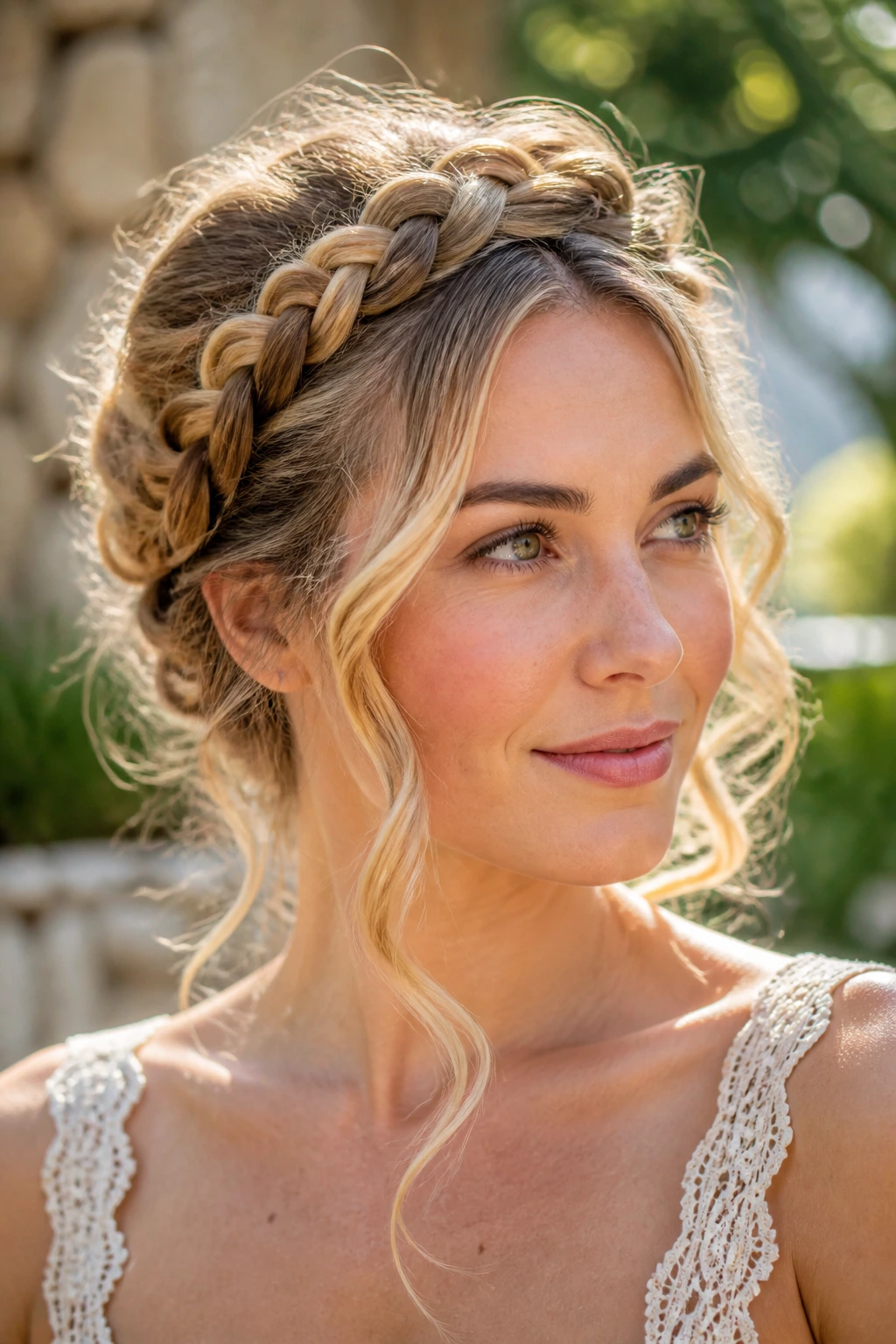 Close-up of a real woman with halo braid and loose curls around the crown and shoulders.