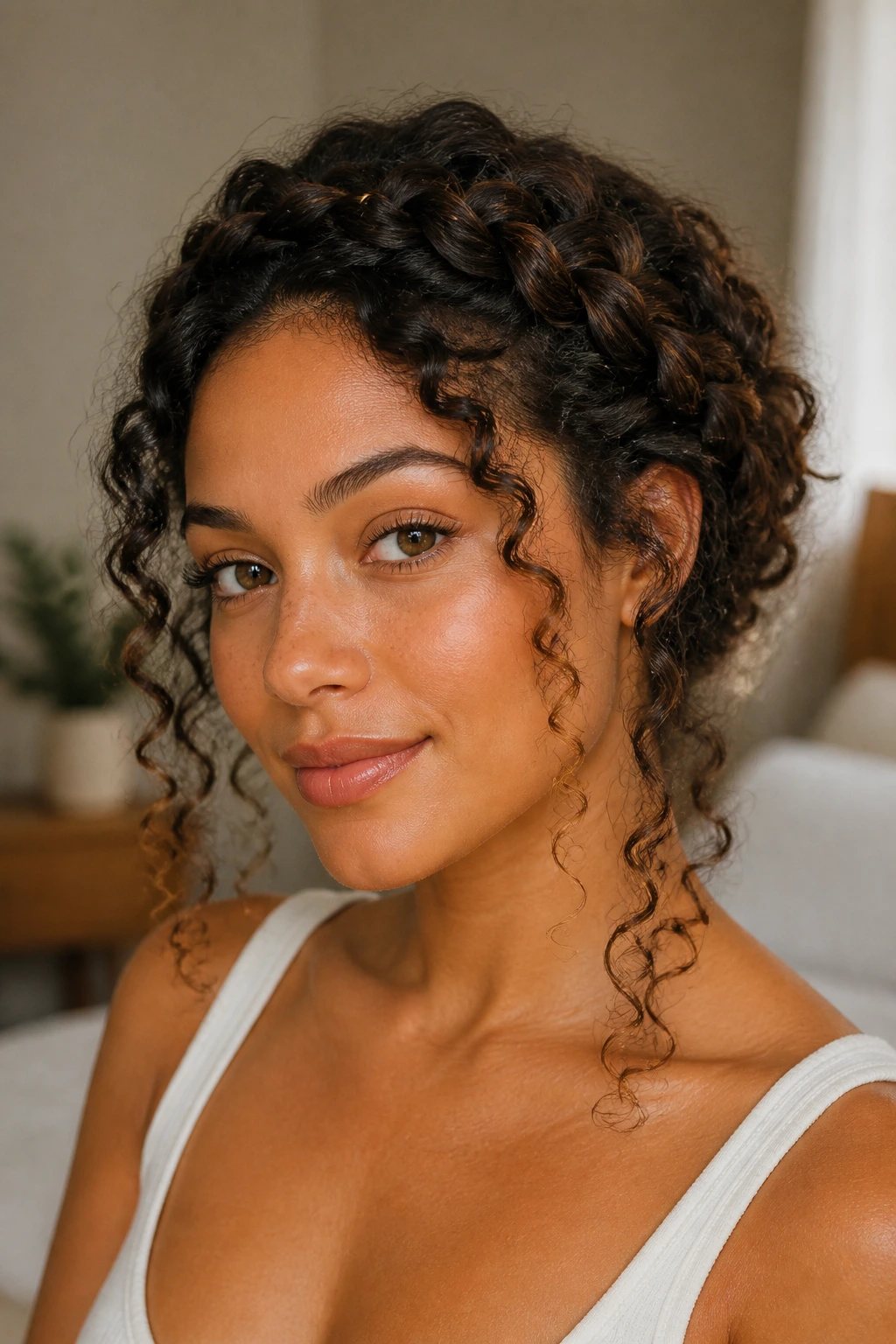Close-up of a real woman with a loose halo braid and visible 3a curls in soft window light.