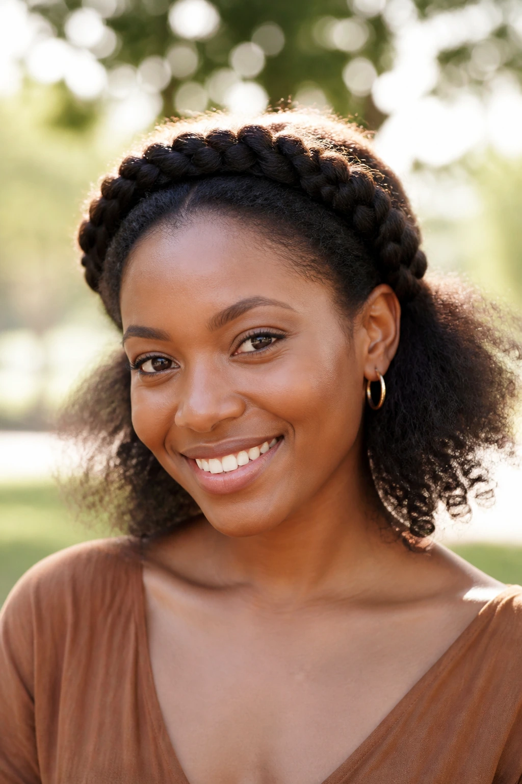 Close-up of a real woman with halo braid and loose fluffy ends in park light
