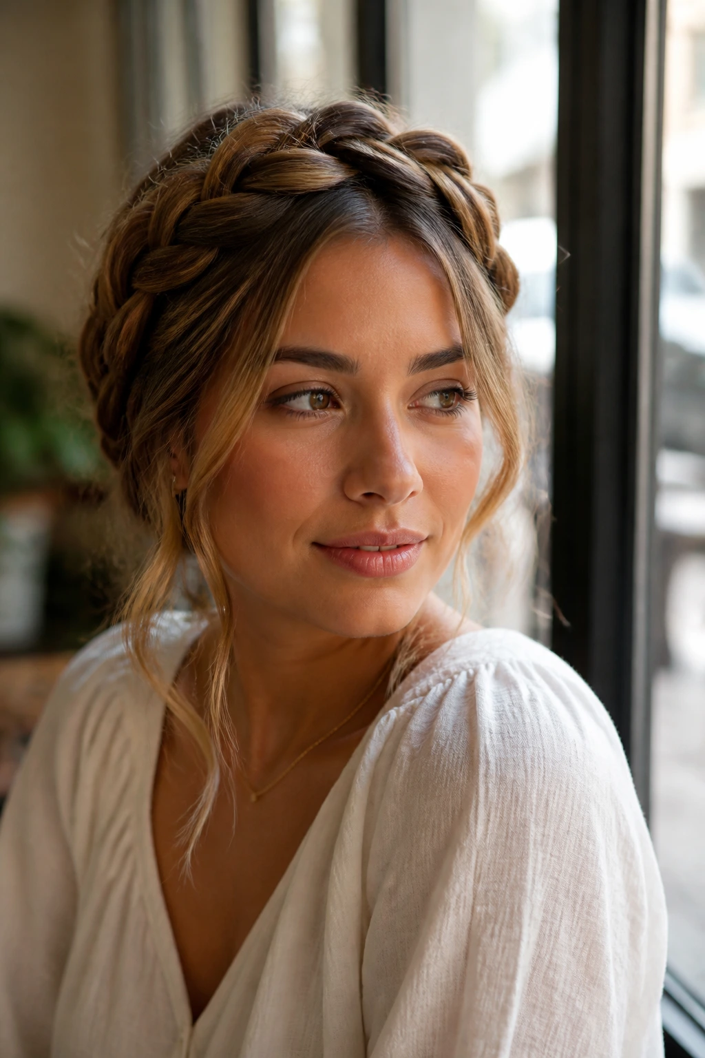 Close-up of halo braid with loose front pieces framing the face