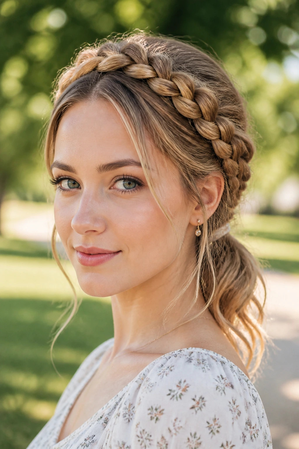 Close-up of a real woman with a halo braid and loose tail