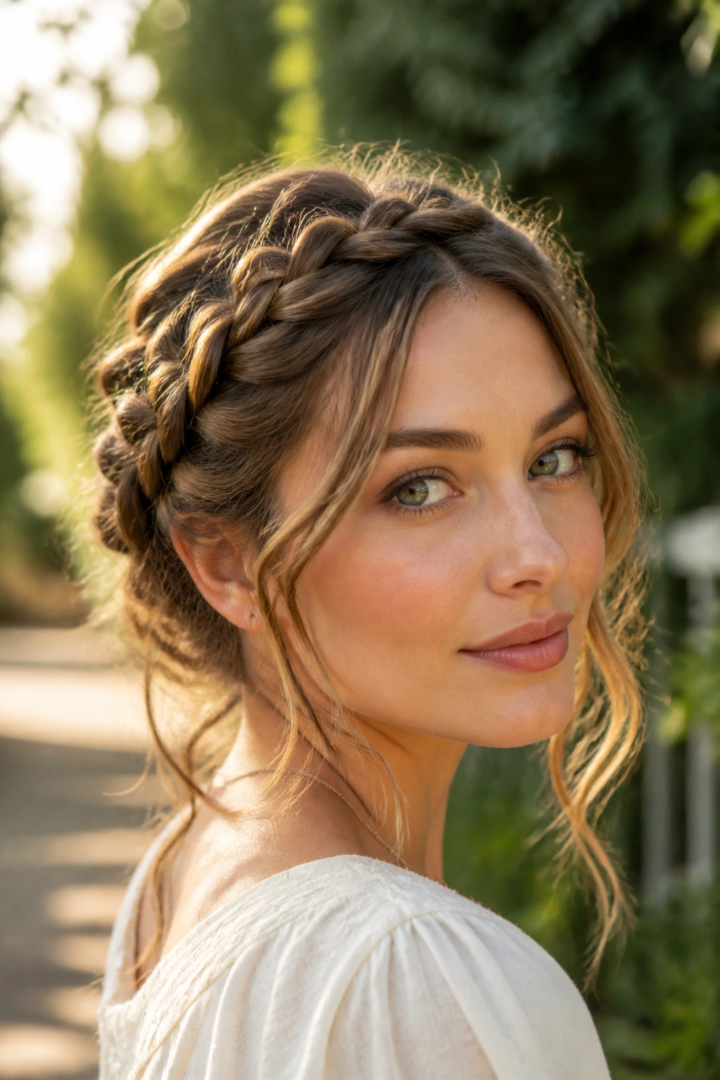 Close-up of a woman with a halo braid in a sunlit garden