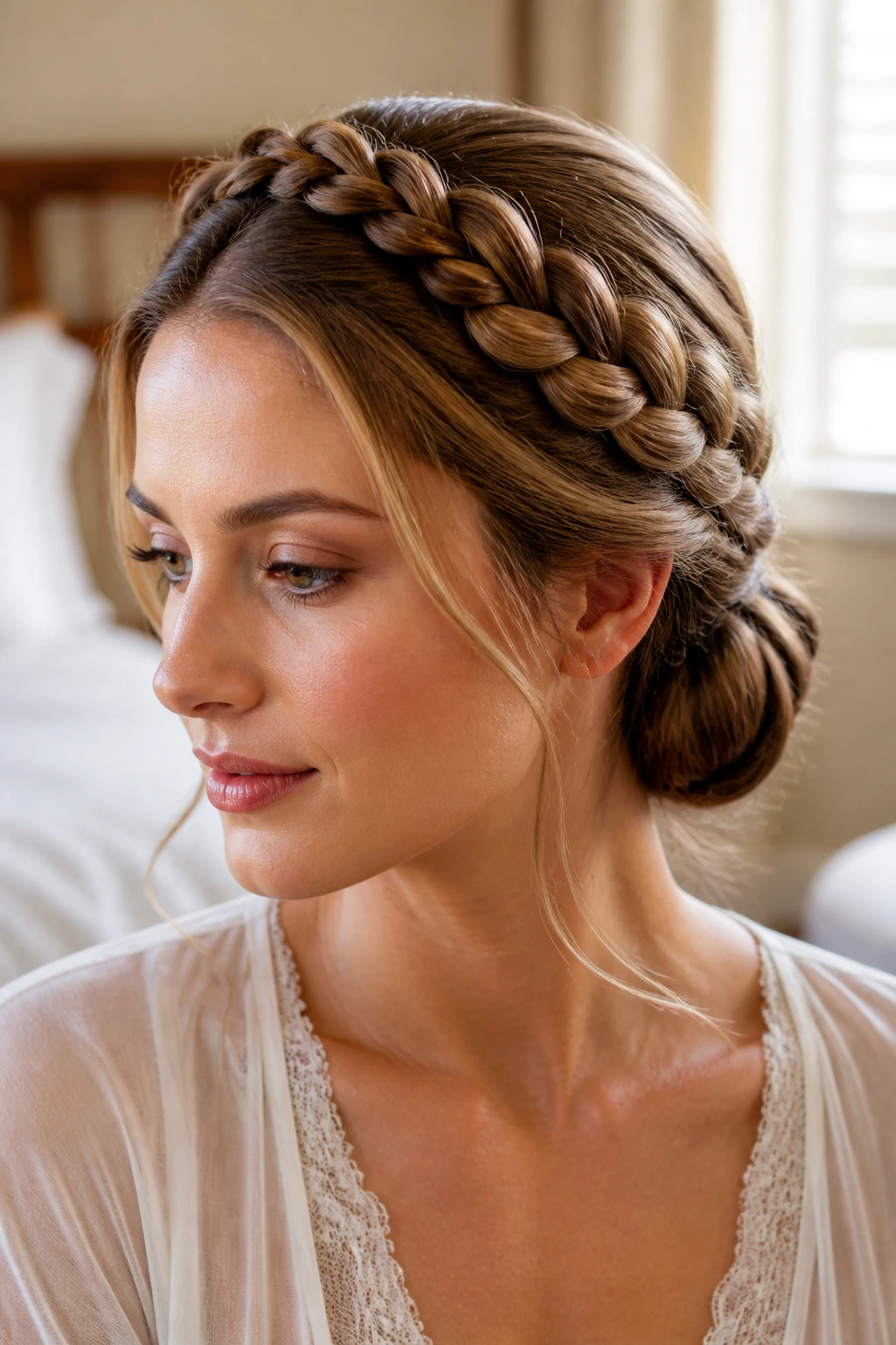 Close-up portrait of a woman with halo braid and low roll at the nape, warm window light